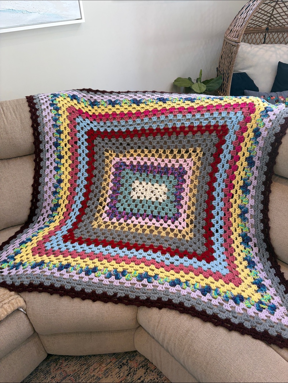Vintage Handmade Multicolor rainbow Granny Square Crochet Blanket 52” by 44”